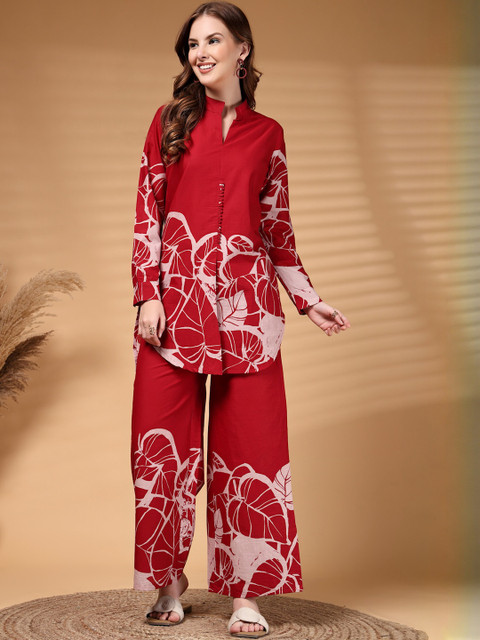 HERE&NOW Women Red Floral Cotton Print Co-ords