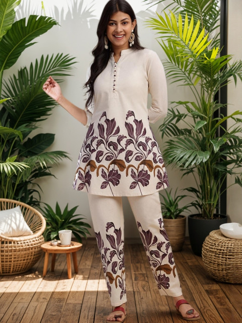 SZN Women's Purple Floral Print A-Line Cotton Flex Stitched Co-Ord Set