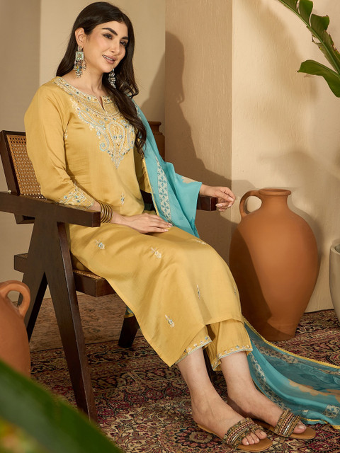 Sangria Women Embroidered Art Silk Kurta Sets With Dupatta