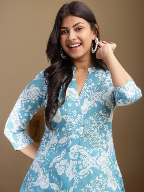 SZN Women Sky Blue Floral Print Flare Cotton Stitched Co Ord Set - Image 2
