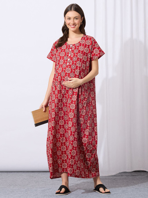 MomToBe Women's Pure Cotton Venetian Red Feeding Nighty