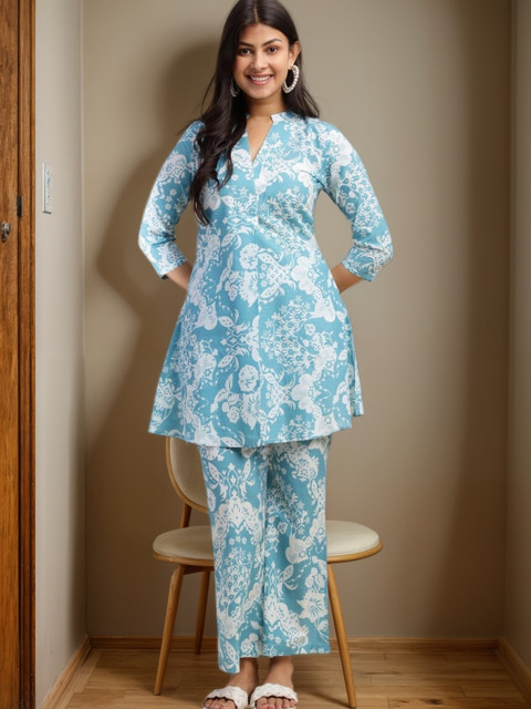 SZN Women Sky Blue Floral Print Flare Cotton Stitched Co Ord Set - Image 5