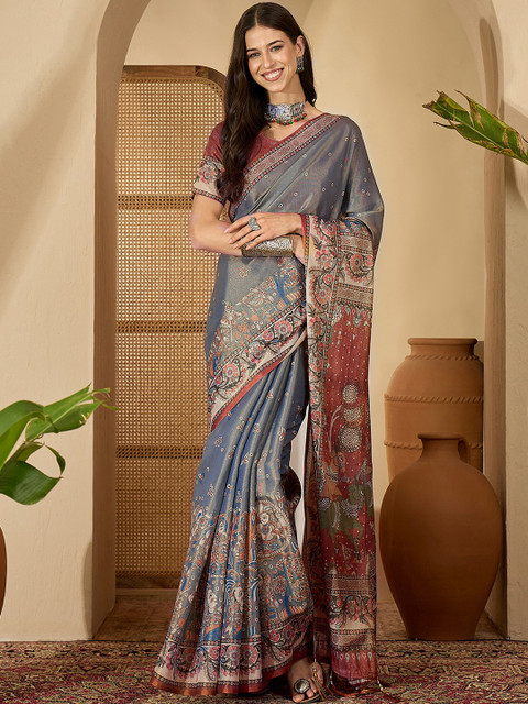 Sangria Grey Pure Linen Printed Sarees