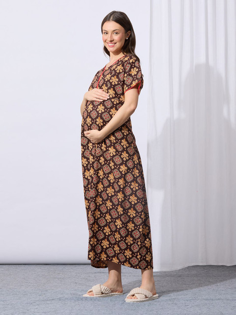 MomToBe Women Cotton Chestnut Brown Feeding Nighty - Image 4