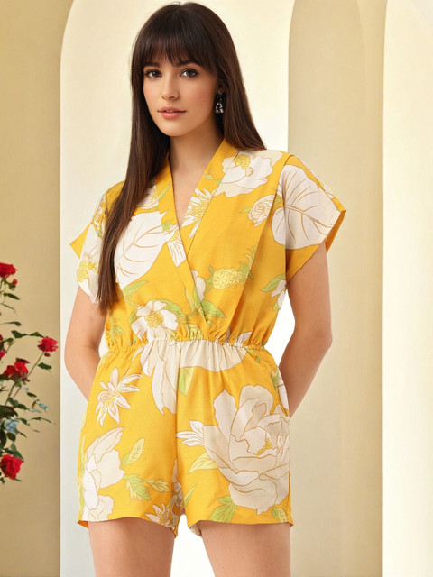 SZN Women Yellow Floral V-Neck Polyester Short Sleeves Jumpsuit