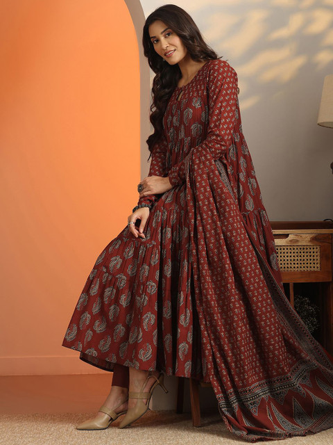 Libas Womens Rust Printed Cotton Anarkali Kurta With Trousers & Dupatta