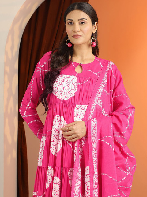 Libas Womens Pink Printed Cotton Anarkali Kurta With Trousers & Dupatta - Image 3