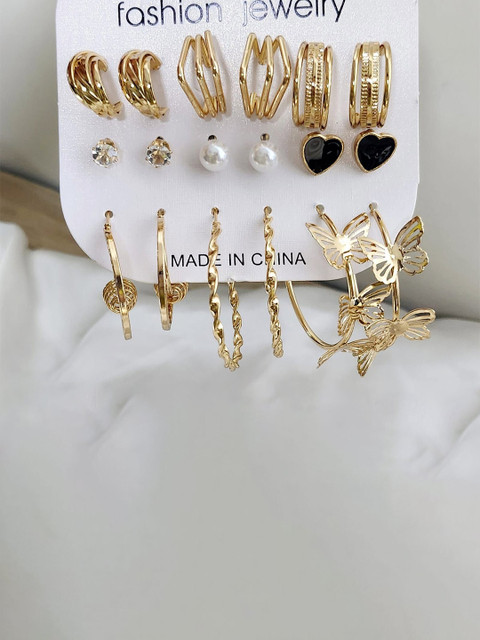Piu Jewels Set Of 9 Gold-Plated Artificial Stones Studded & Beaded Circular Shaped Studs