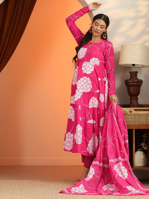 Libas Womens Pink Printed Cotton Anarkali Kurta With Trousers & Dupatta