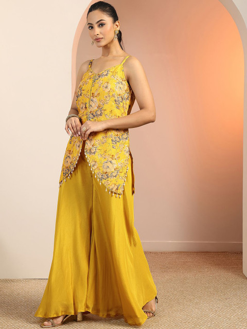 Gerua By Libas Floral Printed Shoulder Straps Sequinned Kurti With Palazzos - Image 4