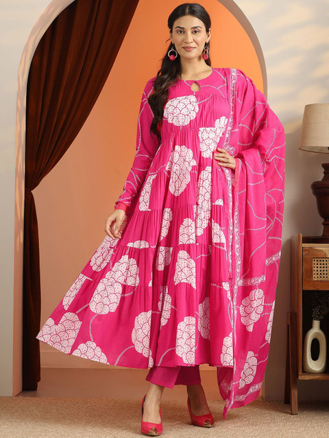 Libas Womens Pink Printed Cotton Anarkali Kurta With Trousers & Dupatta - Image 2