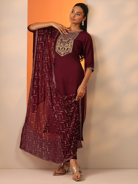 Gerua By Libas Women Ethnic Motif Embroidered Thread Work Kurta with Trousers & Dupatta