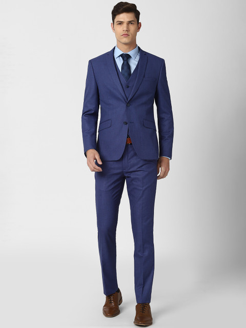 V Dot Men Navy Blue Solid Slim-Fit Single-Breasted Three-Piece Formal Suit