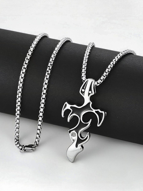 Minprice Men Silver Toned Flame Shaped Pendant with Chain