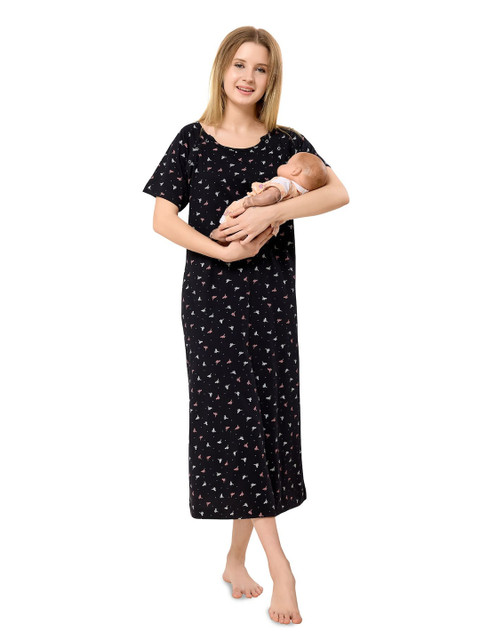 Piu Women Floral Printed Round Neck Cotton Maternity Nightdress