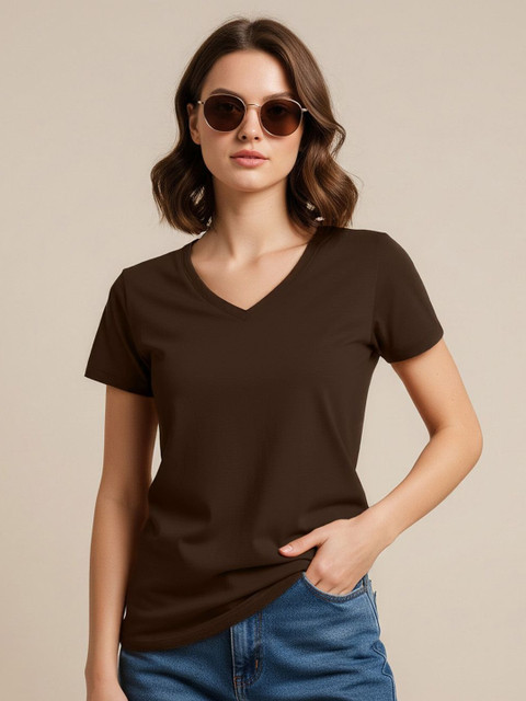 JUNEBERRY Women Solid Brown V-Neck Pure Cotton Regular Fit T-shirt