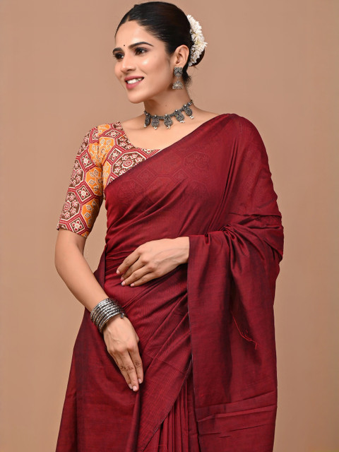Crafts Moda Burgundy Pure Cotton Solid Sarees