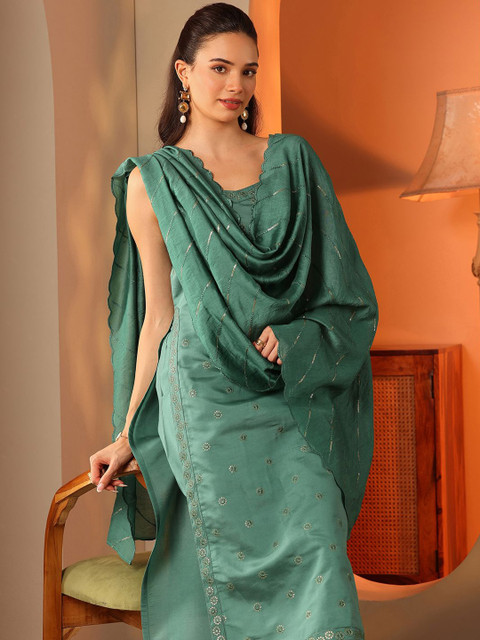 Libas Floral Embroidered Sequinned Round Neck Kurta With Trousers & Dupatta