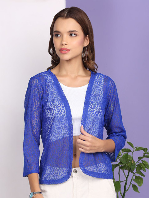 Dressitude Self Design Mandarin Collar Open Front Cotton Crop Shrug