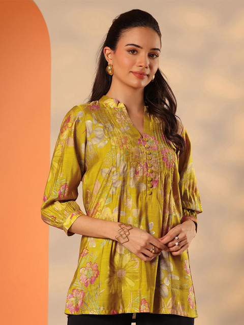 Libas Women Floral Printed Mandarin Collar Puff Sleeves Kurti