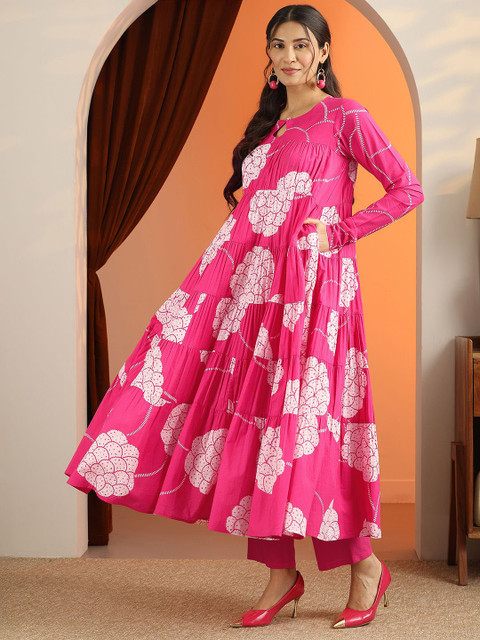 Libas Womens Pink Printed Cotton Anarkali Kurta With Trousers & Dupatta - Image 4