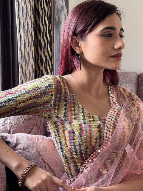 Bindigasm's Advi Printed Velvet Zari Stripes Stretchable Slip On Saree Blouse