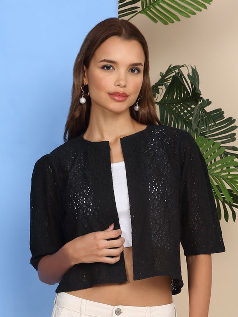 Dressitude Self Design Mandarin Collar Open Front Cotton Crop Shrug