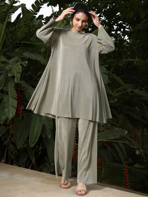 QISSA Striped Satin Kurta With Trousers