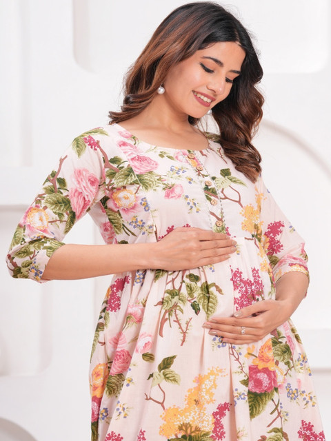 Style Heaven Women Cream Floral Printed Pure Cotton Maternity Angrakha Kurti