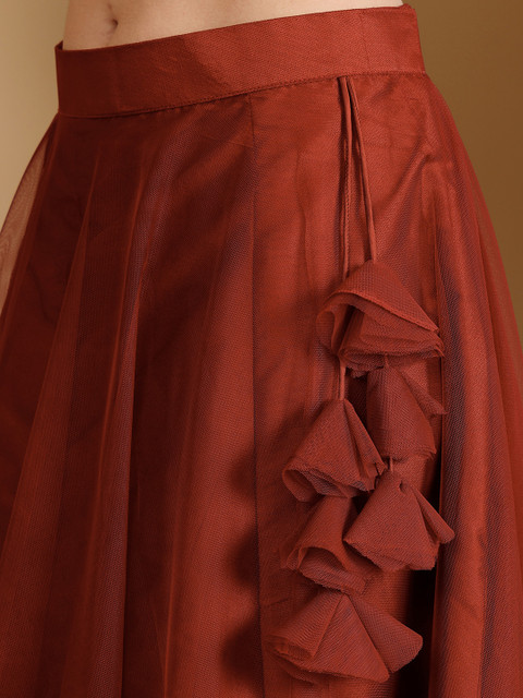 Frolic Rolic Maroon Solid Net Maxi Skirt - Image 6