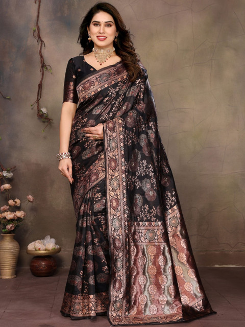 Moda Rapido Black Woven Design Silk Blend Banarasi Sarees