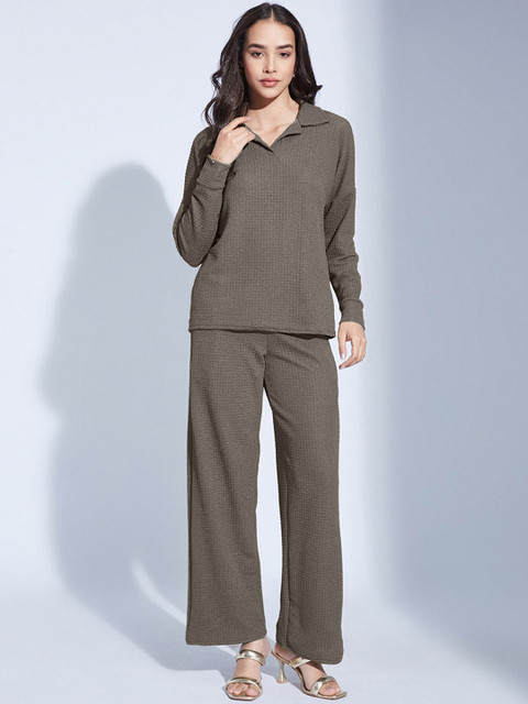 Selvia Edge Women Solid Shirt Collar Top and Trousers Co-Ords