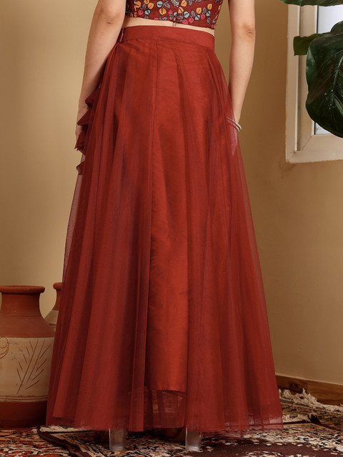 Frolic Rolic Maroon Solid Net Maxi Skirt - Image 4