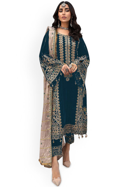 ZONFAB Floral Embroidered Sequinned Georgette Semi-Stitched Dress Material