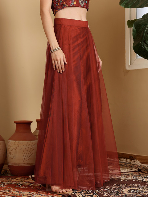 Frolic Rolic Maroon Solid Net Maxi Skirt - Image 2