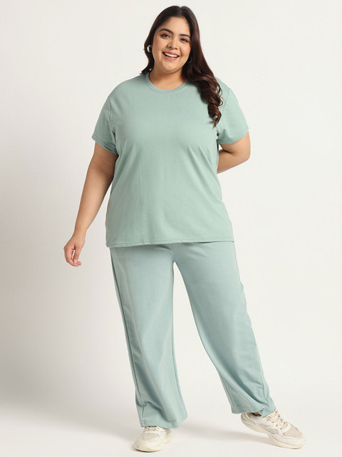 GlamZei Women Plus Size Green Solid Round Neck Cotton T-shirt & Trousers Co-Ords
