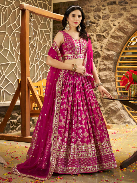 ETHNIC PLUS Embroidered Sequinned Semi-Stitched Lehenga & Unstitched Blouse With Dupatta