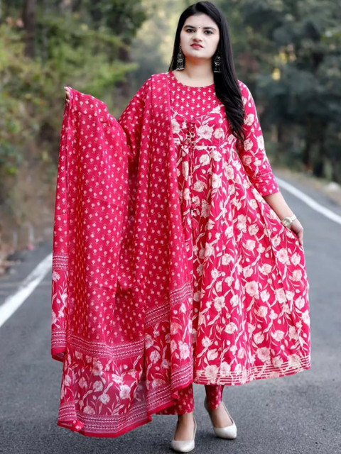 YUSRA Floral Printed Round Neck A-Line Kurta With Trousers & Dupatta - Image 5