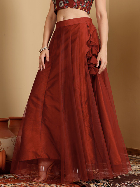 Frolic Rolic Maroon Solid Net Maxi Skirt - Image 3