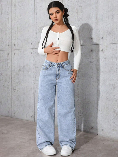 Hayler Women Jean Wide Leg Mid-Rise Light Fade Stretchable Jeans