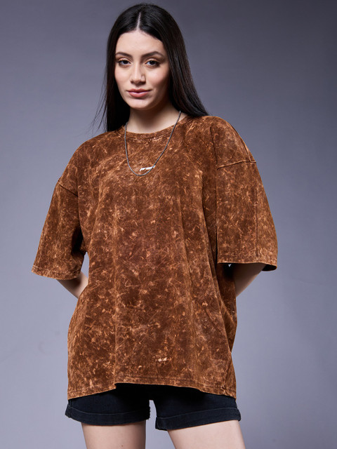 PRONK Women Dyed Drop-Shoulder Sleeves Oversized T-shirt