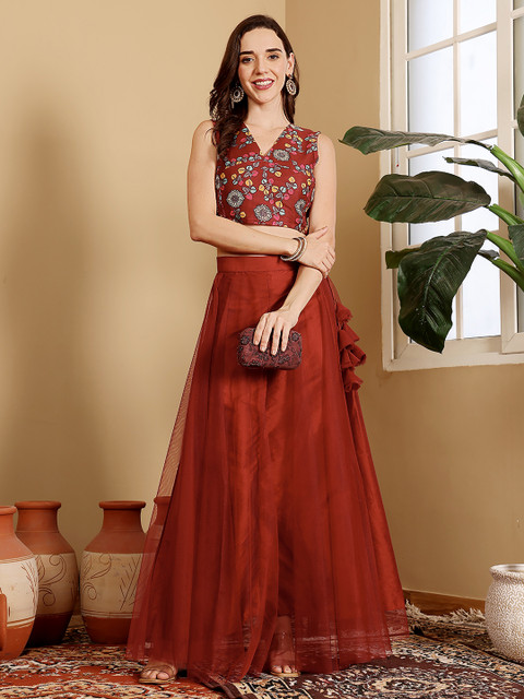 Frolic Rolic Maroon Solid Net Maxi Skirt - Image 5