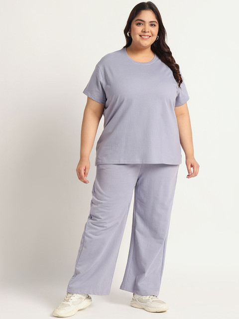 GlamZei Women Plus Size Light Purple Solid Round Neck Cotton T-shirt & Leggings Co-Ords