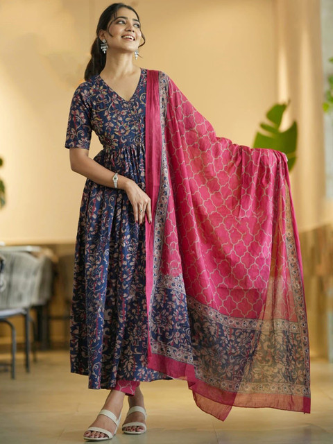 YUSRA Women Floral Printed A-Line Kurta with Trouser & Dupatta - Image 5