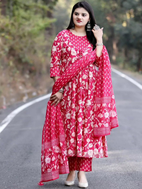 YUSRA Floral Printed Round Neck A-Line Kurta With Trousers & Dupatta - Image 3