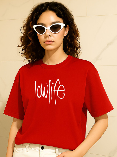 PVC RAIMENTS Women Red Typography Printed Cotton T-Shirt
