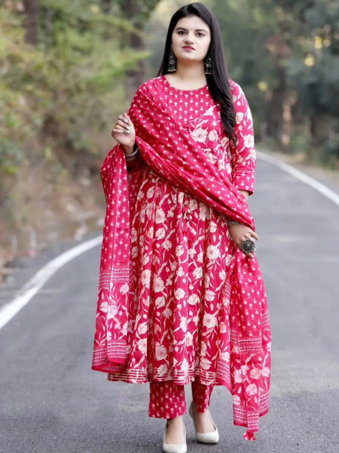 YUSRA Floral Printed Round Neck A-Line Kurta With Trousers & Dupatta - Image 4