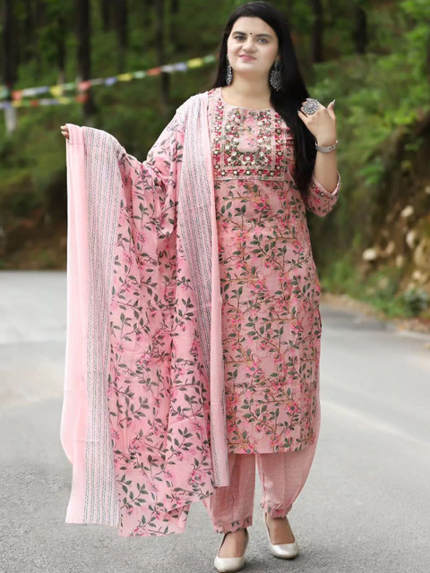 YUSRA Floral Printed Round Neck Straight Kurta With Trousers & Dupatta