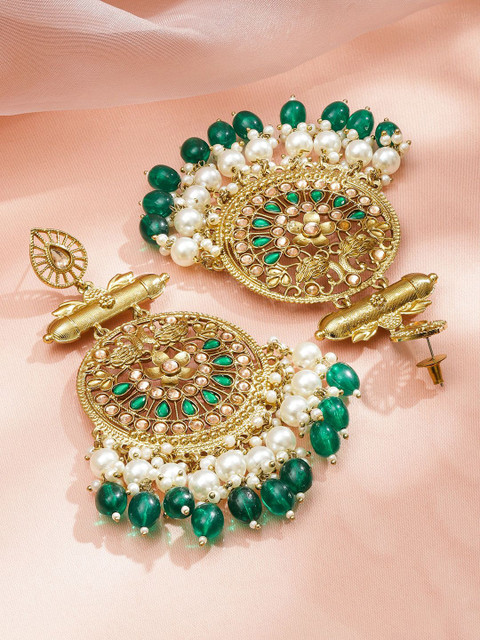 Rubans 18K Antique Gold-Plated Pearl and Green Studded & Beaded Big Chandbali Earring - Image 3