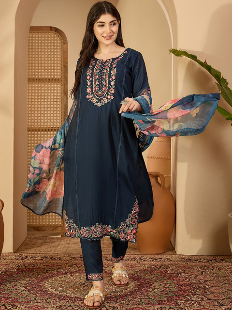 Sangria Women Cotton Blend Embroidered Kurta Sets With Dupatta